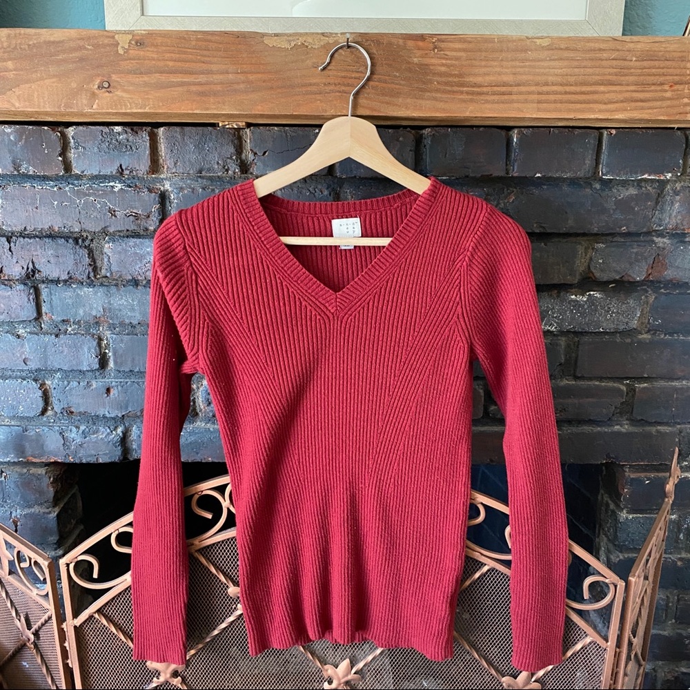 Deep Red Ribbed V Neck Sweater